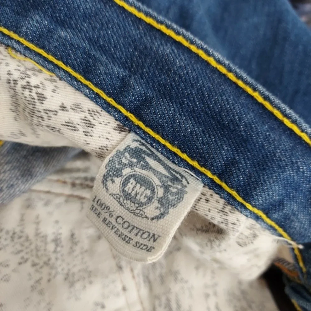 RMC Red Monkey Men Jean Shorts 38 Vintage Y2K Blue Denim Button Fly‎ Embroidered